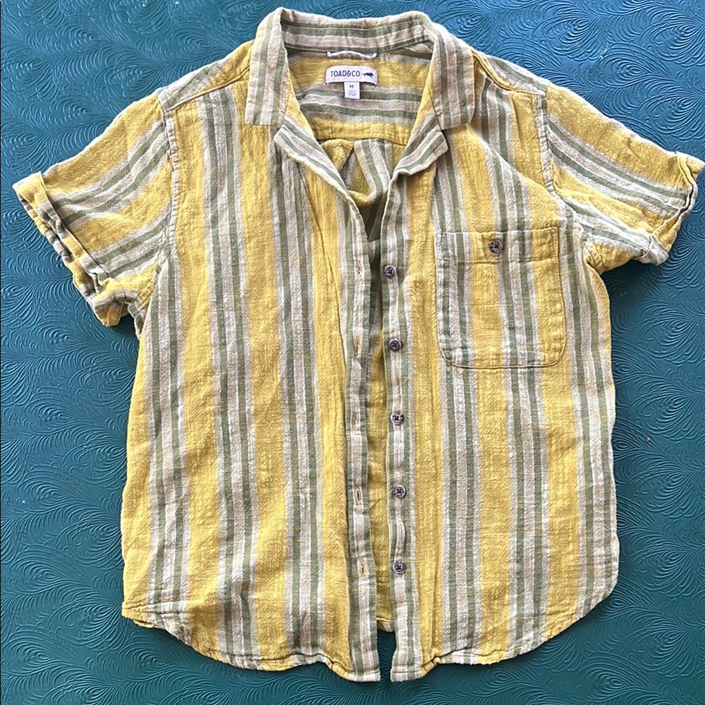 Toad&Co. Camp Cove Short Sleeve Yellow and Green Striped Button Down Shirt